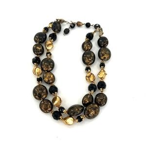 Vintage Deauville Black & Gold 2-Strand Beaded Necklace.